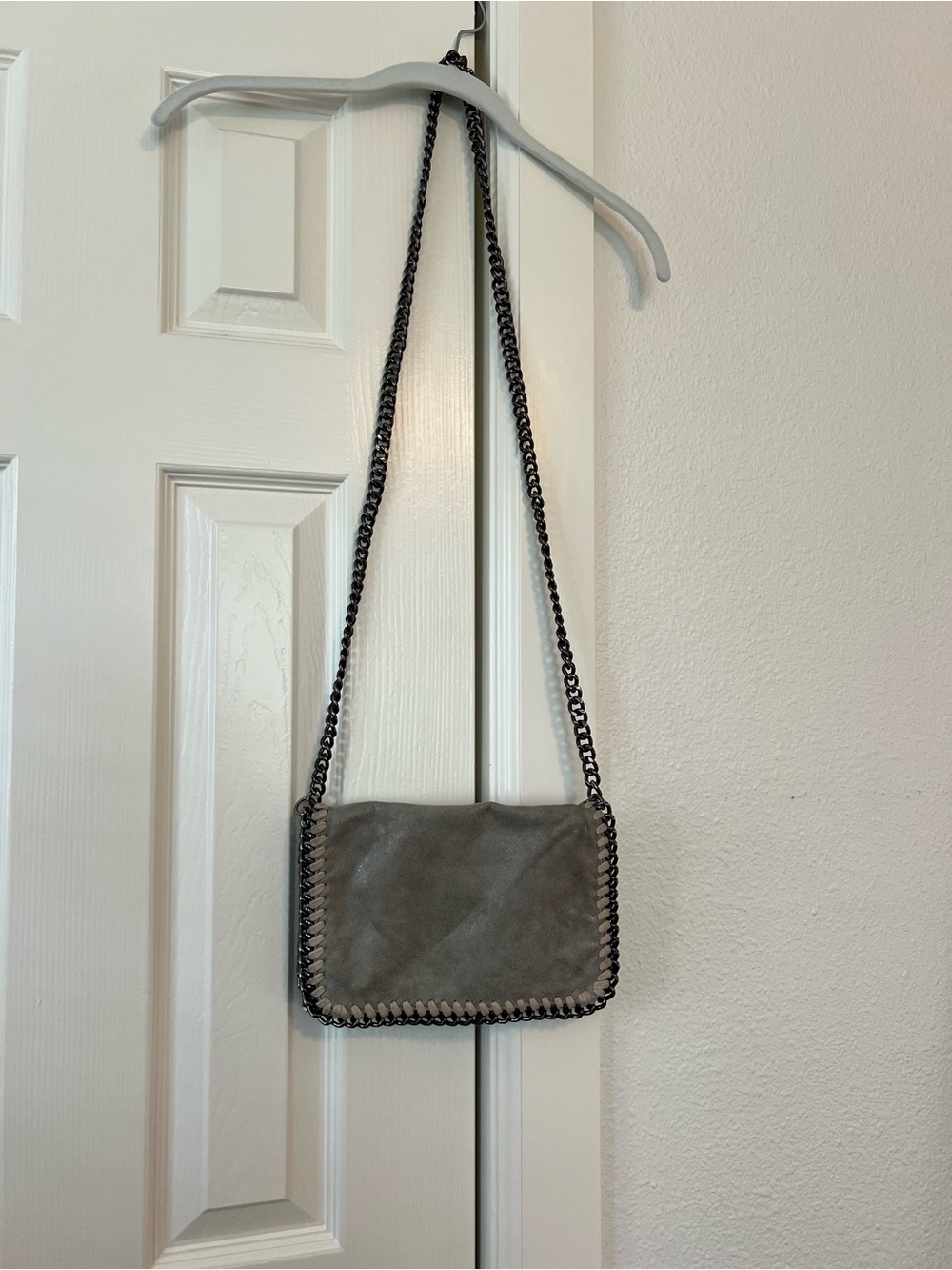 Suede Chain-Trim Crossbody Bag in Gray